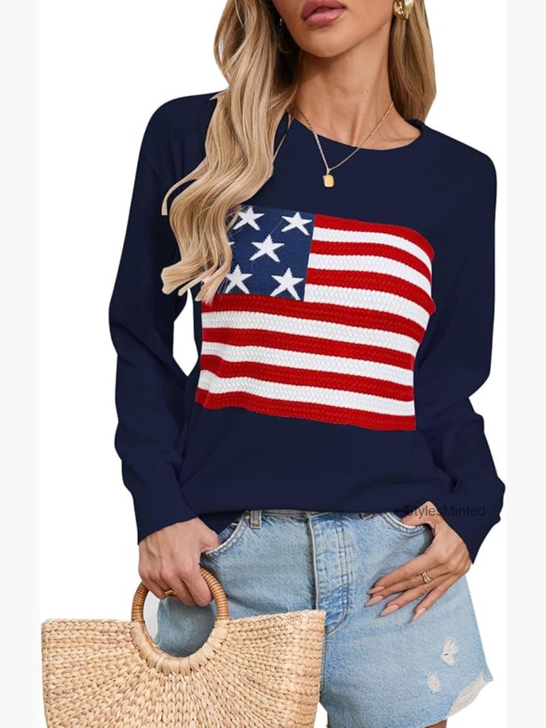 Womens American Flag Pullover Lightweight Knit Long Sleeve Crewneck Sweater